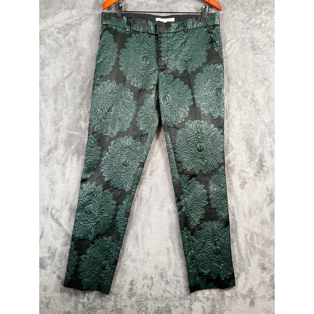 Trina Turk Floral Jacquard Trousers Sz 8 34x30 Green Black Slim Fit Textured
